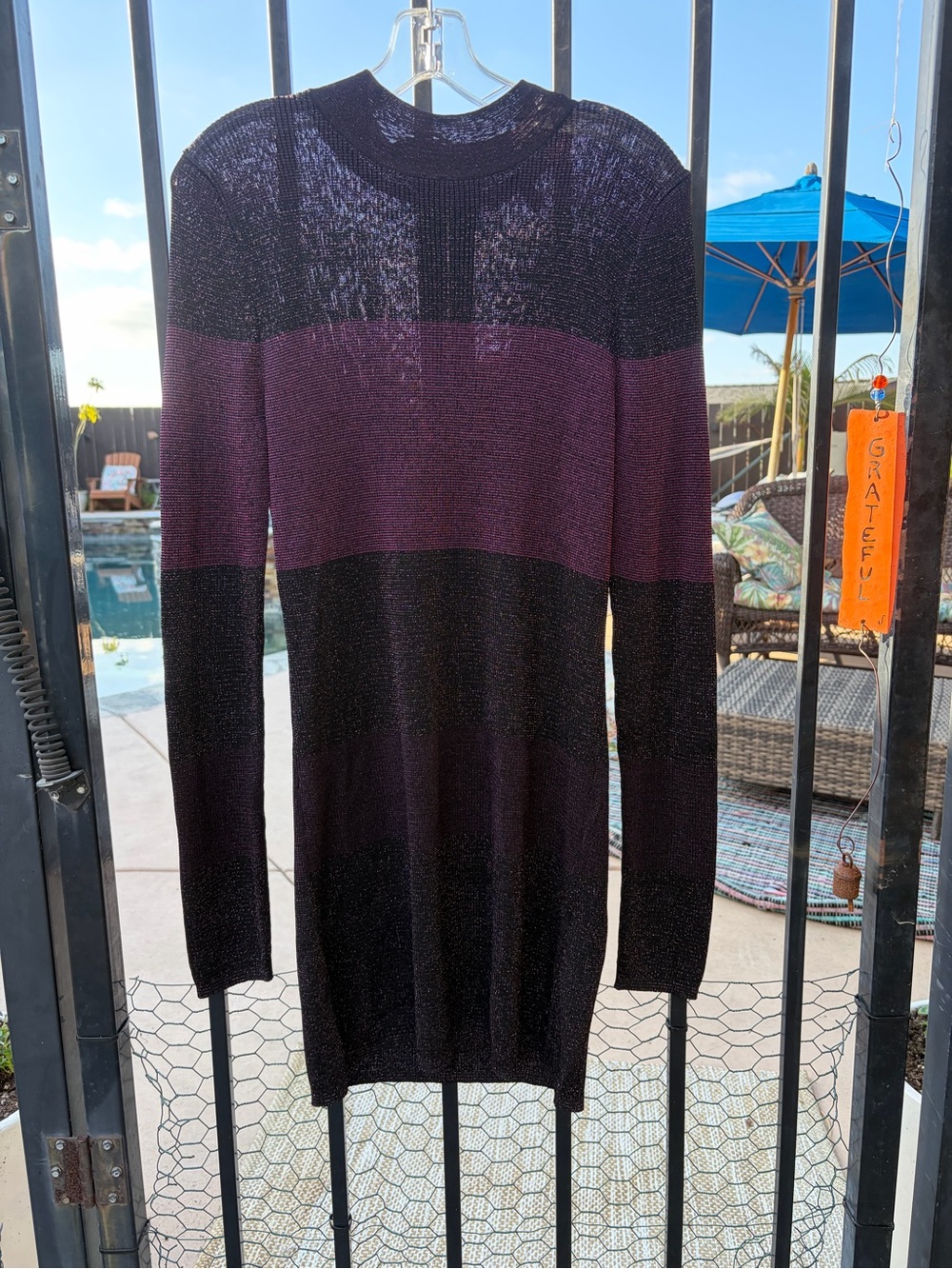 White House/black market - Black and Purple Striped Long Sleeve Knit Dress